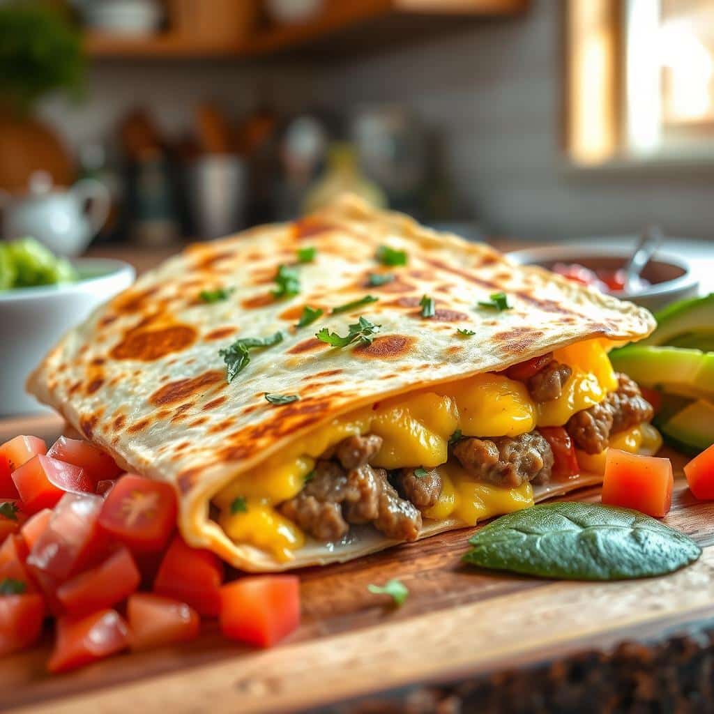 Breakfast Quesadilla with Eggs and Sausage