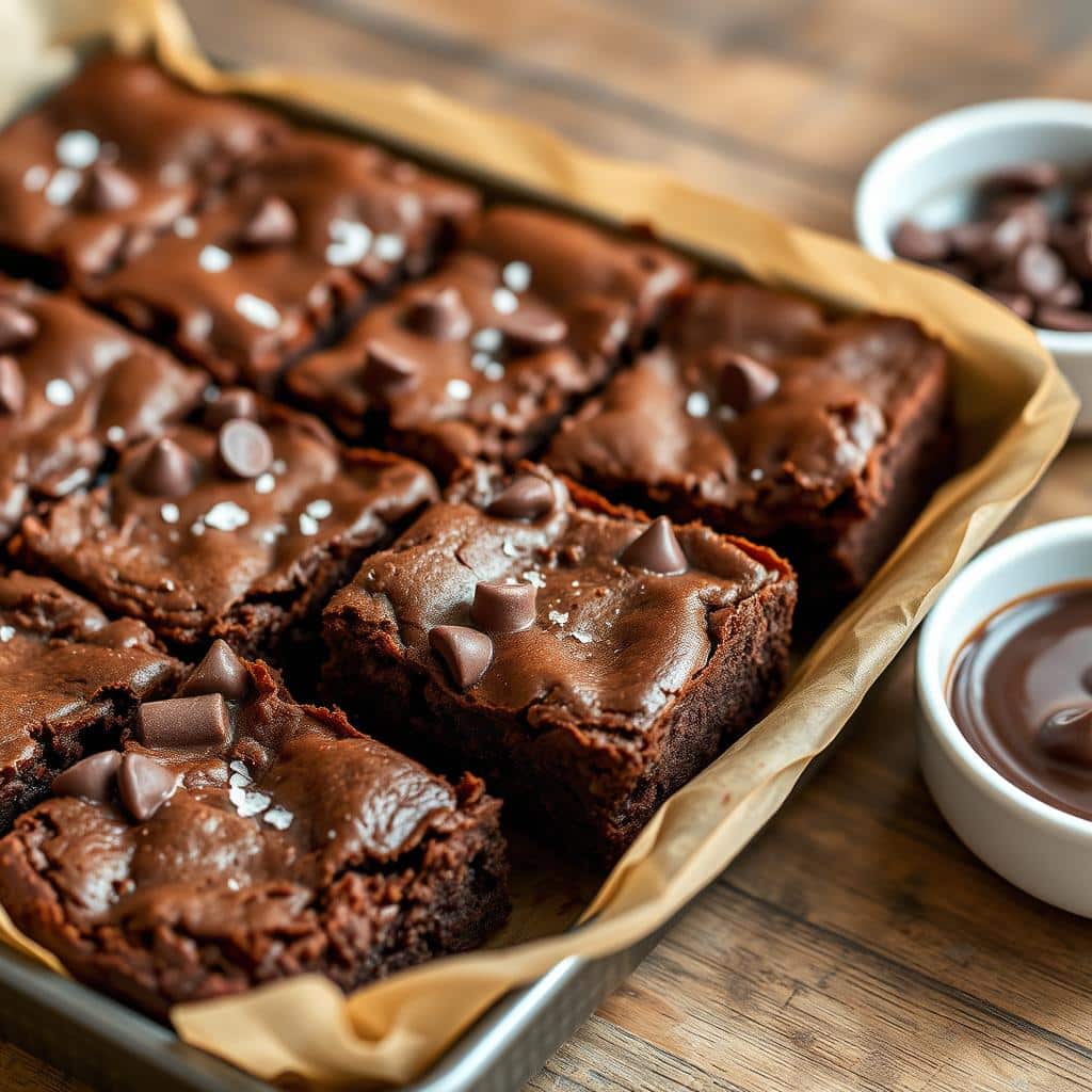 Freshly baked fudgy homemade brownies sliced on a wooden board, rich and chocolatey