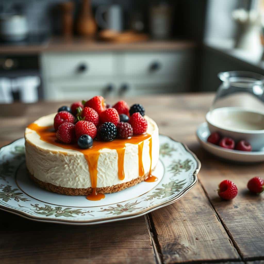 "A perfect creamy cheesecake topped with fresh berries, sitting on a wooden table."