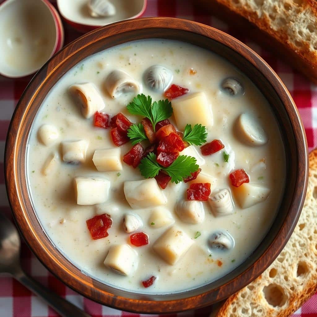 "A bowl of creamy New England clam chowder garnished with parsley and served with oyster crackers