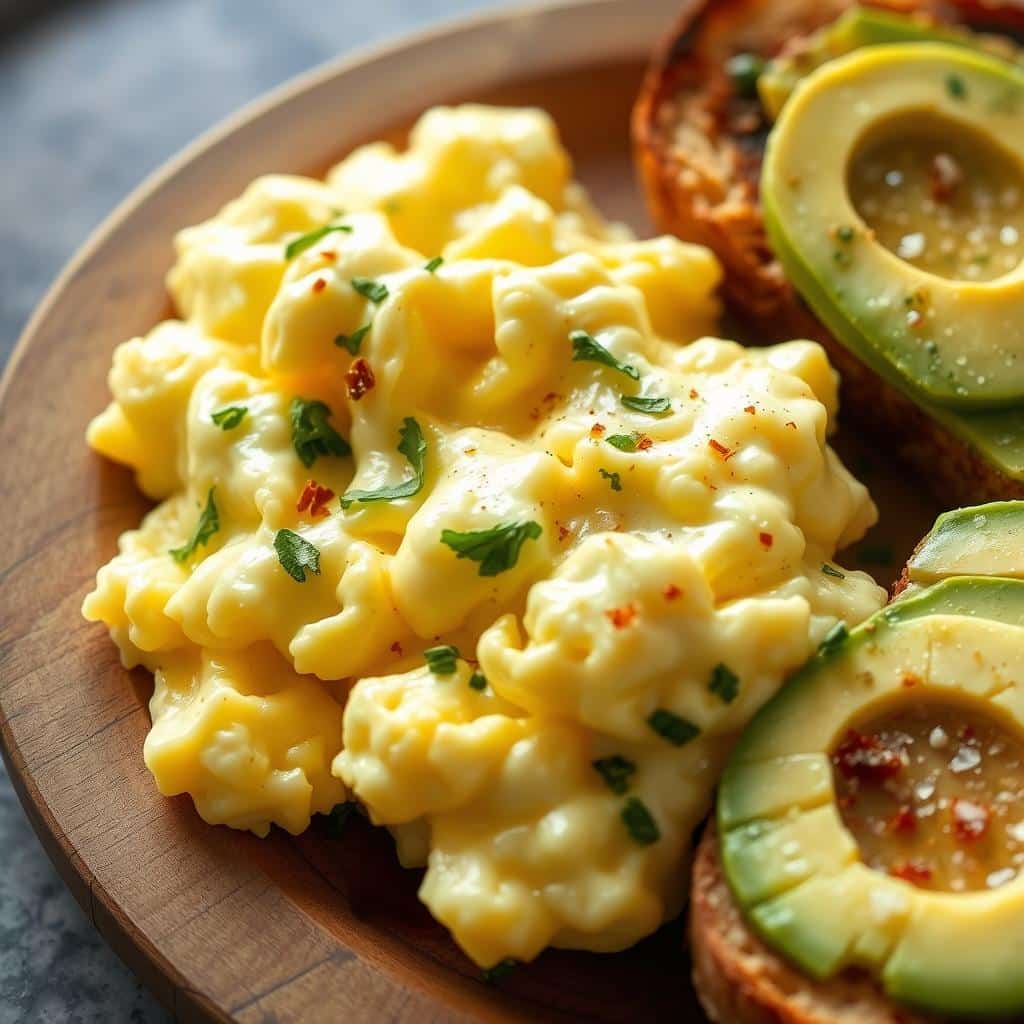 Fluffy Scrambled Eggs with Avocado Toast