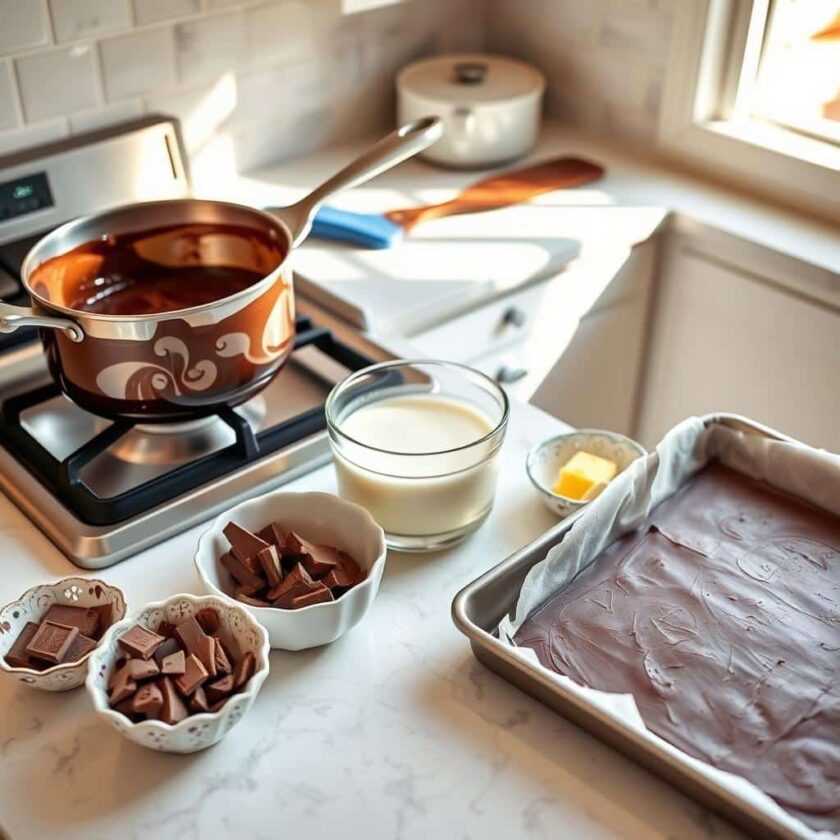 Creamy and rich foolproof fudge cut into squares on a wooden board