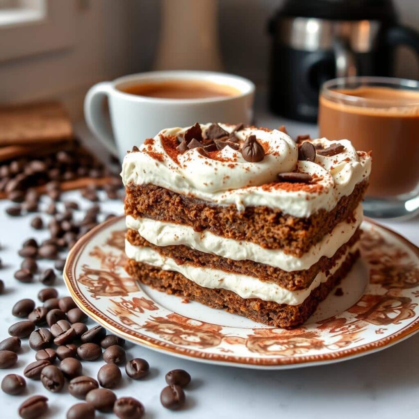 Delicious mocha icebox cake with chocolate layers and whipped cream topping