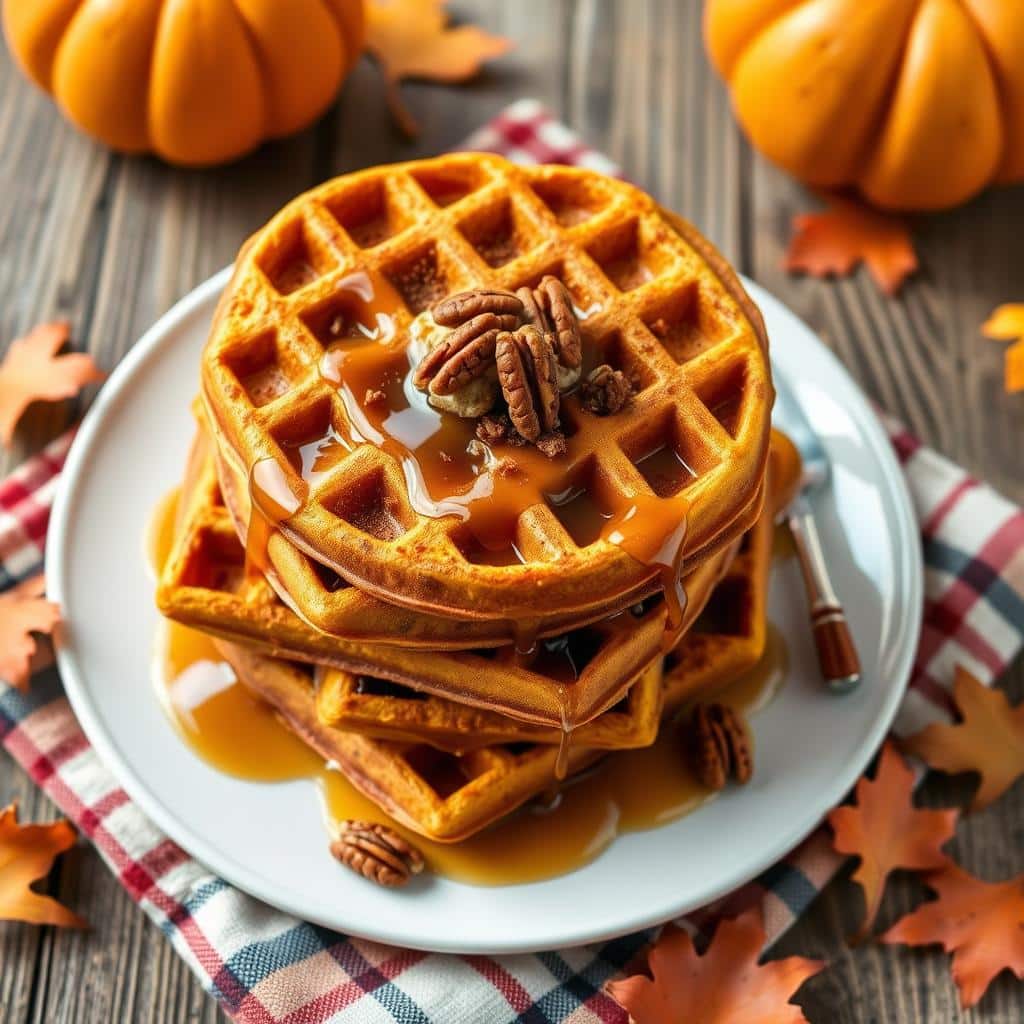 Pumpkin Spice Waffles with Maple Syrup