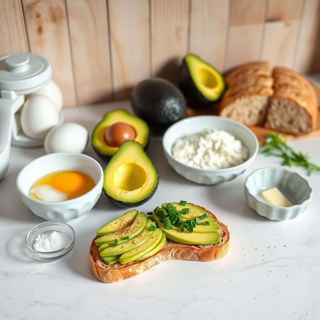 Scrambled eggs and avocado toast ingredients