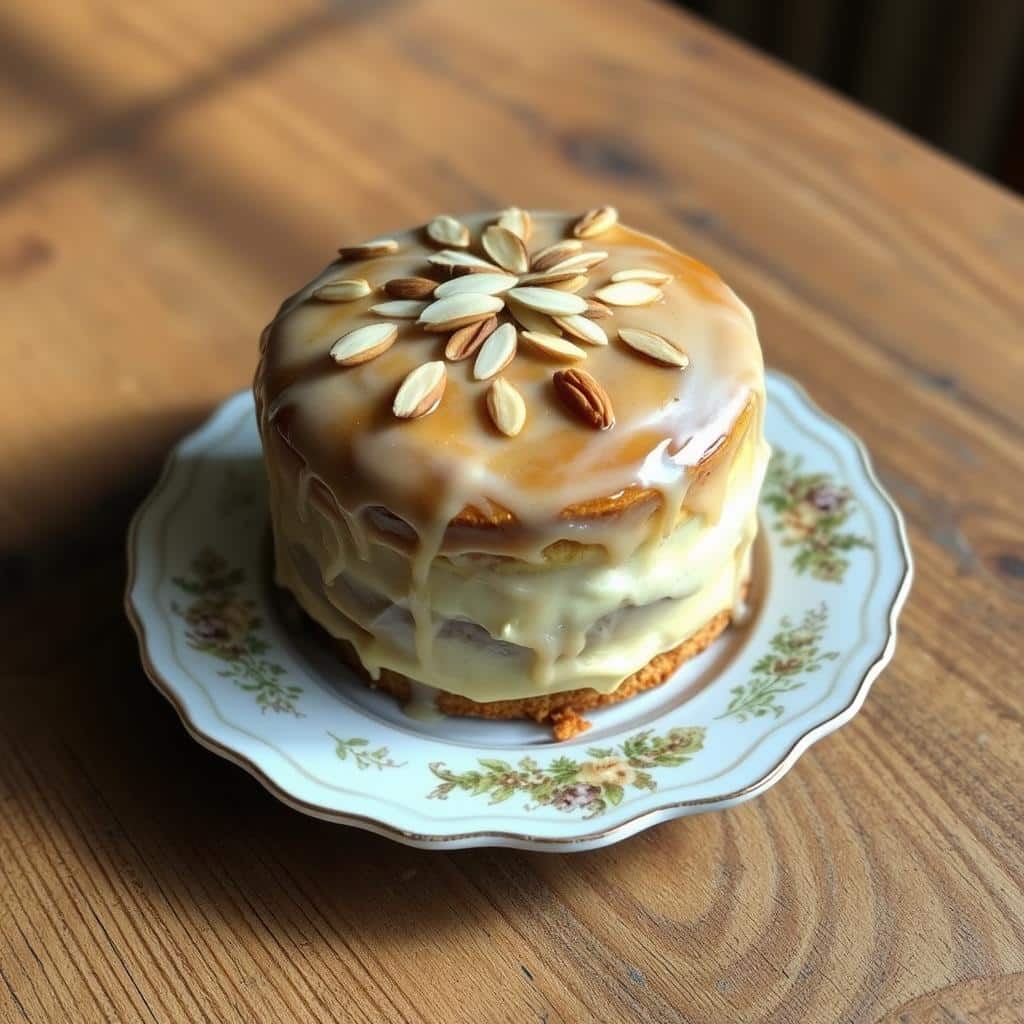 Moist and delicious homemade almond nut cake topped with slivered almonds, served on a white plate, perfect for any occasion.