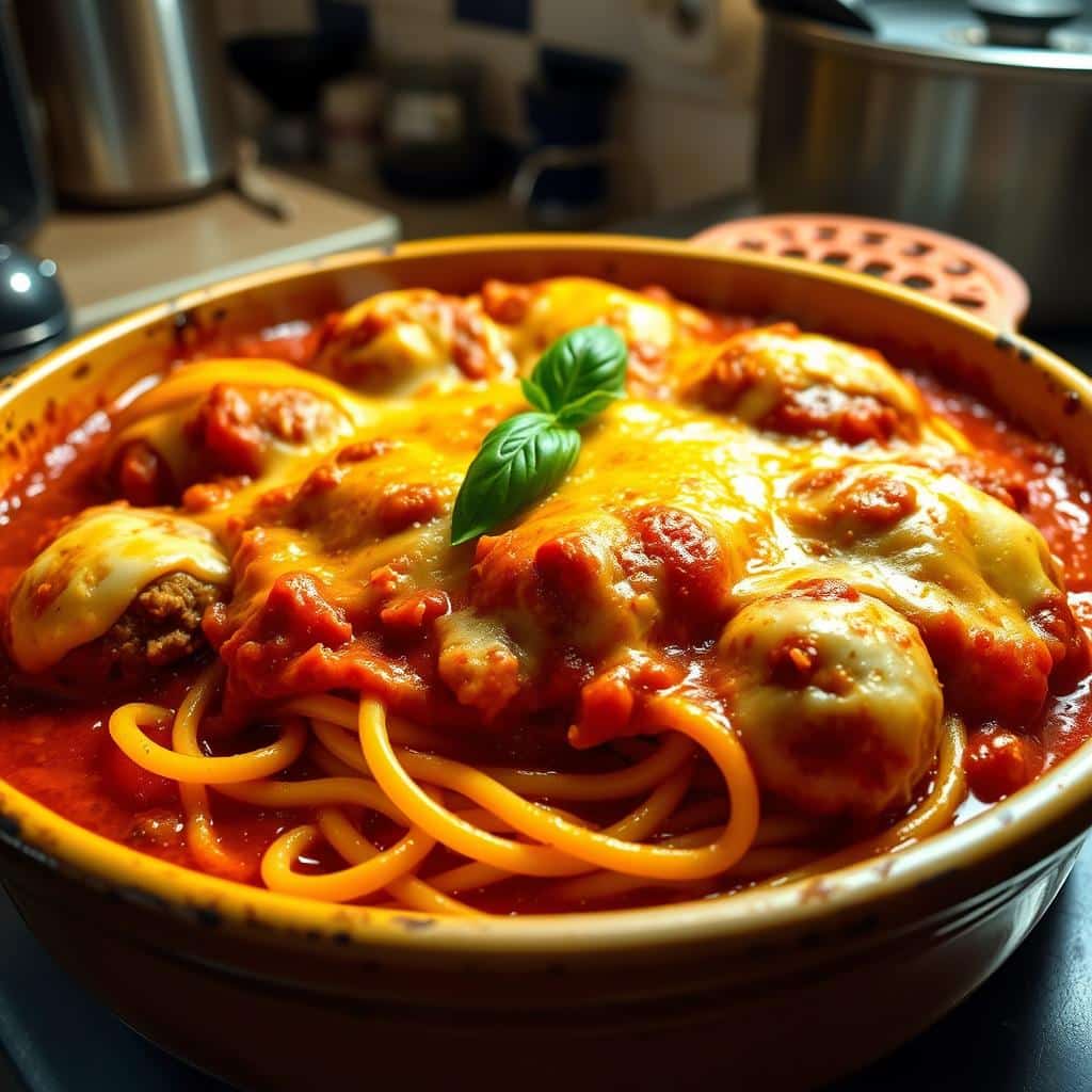 baked spaghetti and meatballs