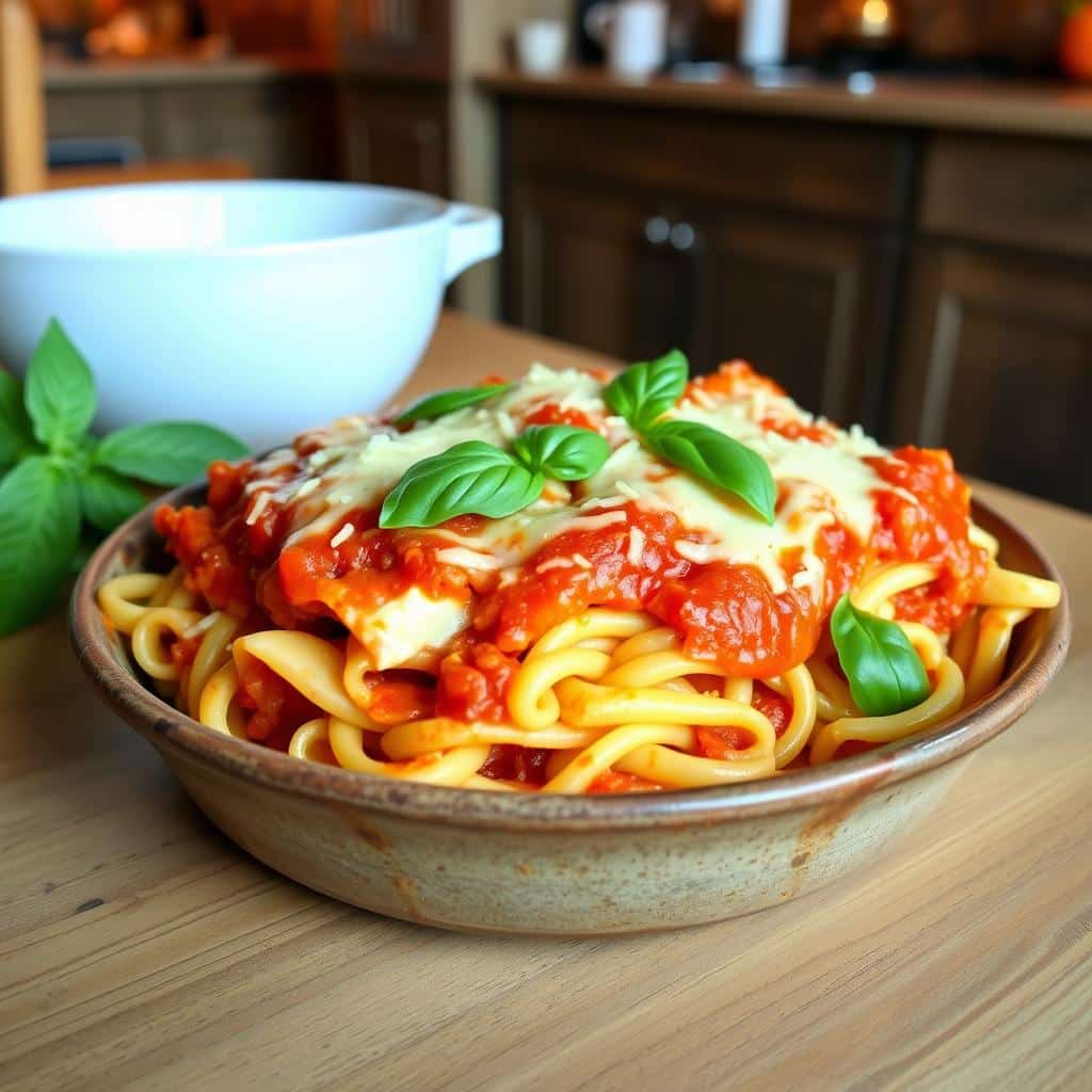 Meatless baked ziti served in a casserole dish with melted cheese, marinara sauce, and fresh basil garnish