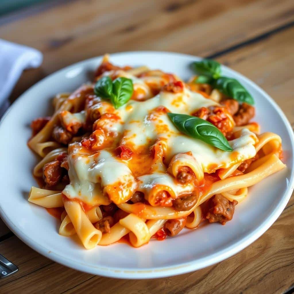 Baked Ziti with Italian Sausage and Ricotta topped with melted mozzarella and fresh basil in a casserole dish