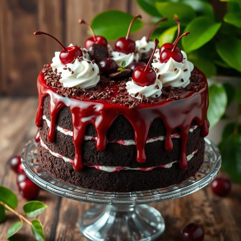 Delicious Black Forest cake with cherry pie filling, showcasing layers of chocolate cake and creamy frosting