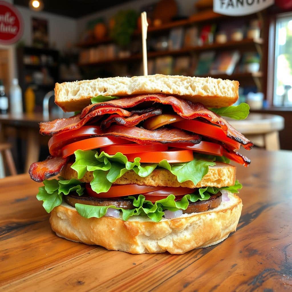 A freshly made BLT sandwich with crispy bacon, fresh lettuce, and juicy tomatoes on toasted bread