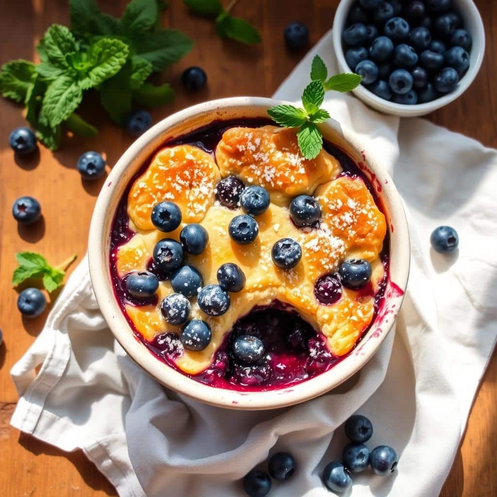 Easy blueberry cobbler served in a white dish with fresh blueberries and a scoop of vanilla ice cream on top – perfect summer dessert