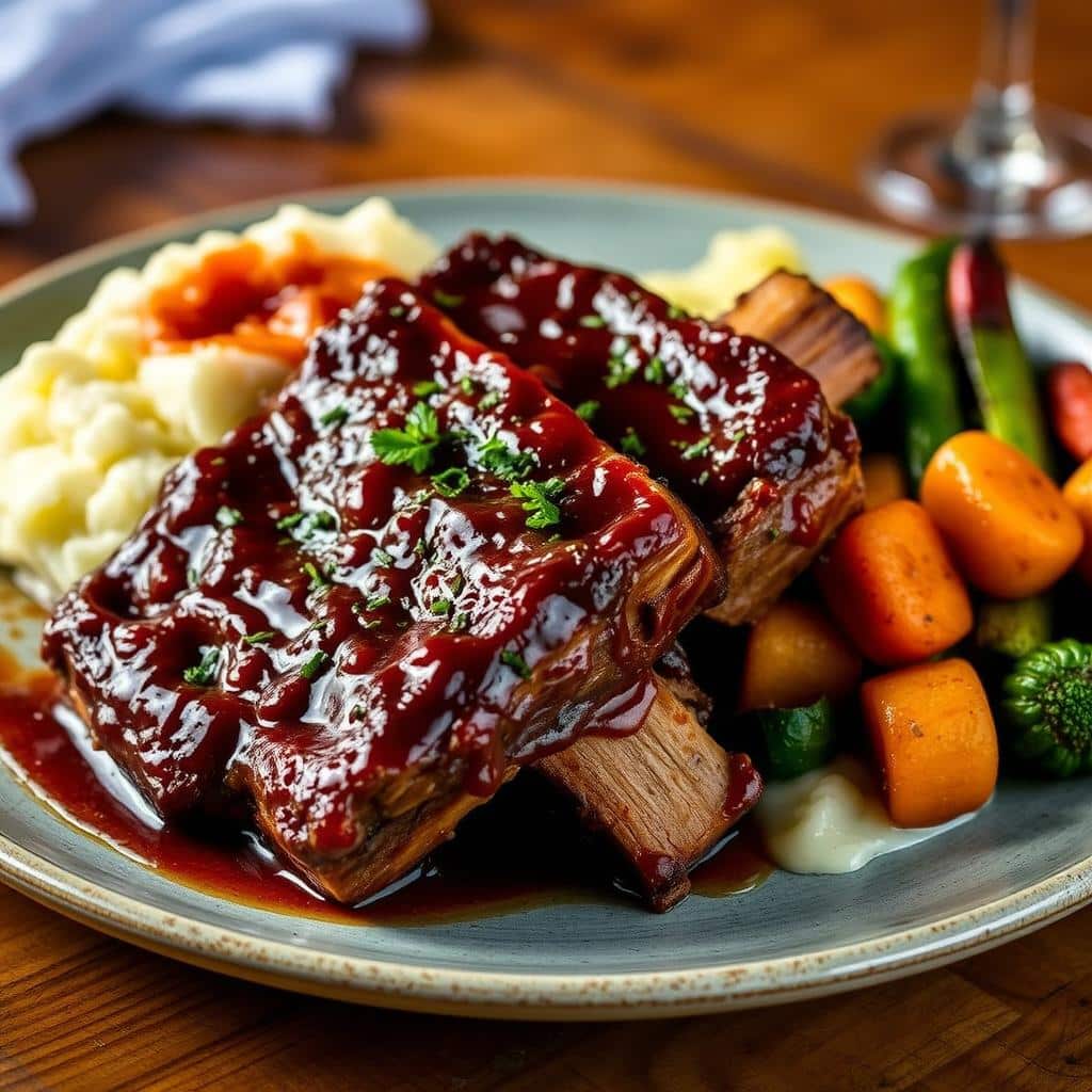 A plate of juicy boneless beef short ribs braised to perfection, served with a rich red wine sauce and fresh herbs for a delicious homemade meal.