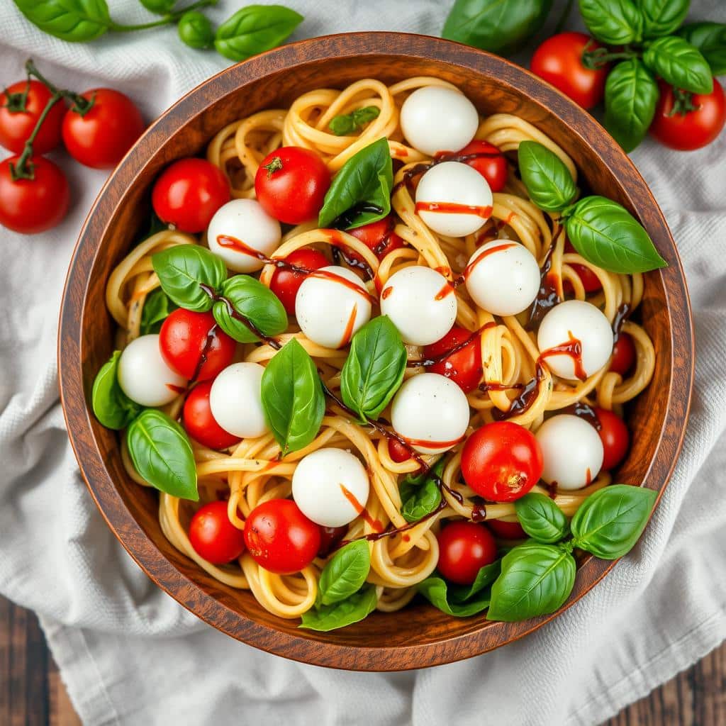 caprese pasta salad with balsamic glaze