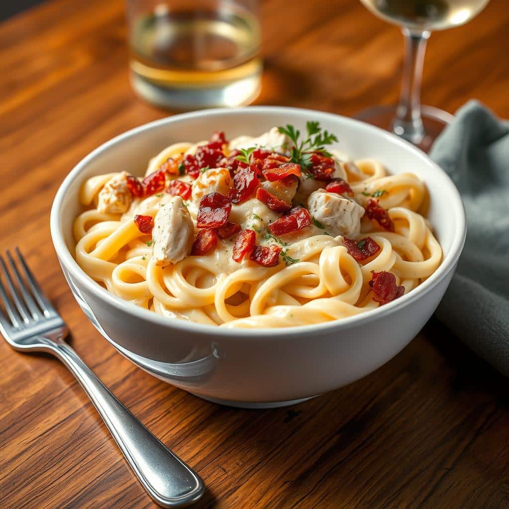 Plate of creamy chicken and bacon pasta Alfredo garnished with parsley, showcasing the perfect dish with rich sauce and tender chicken