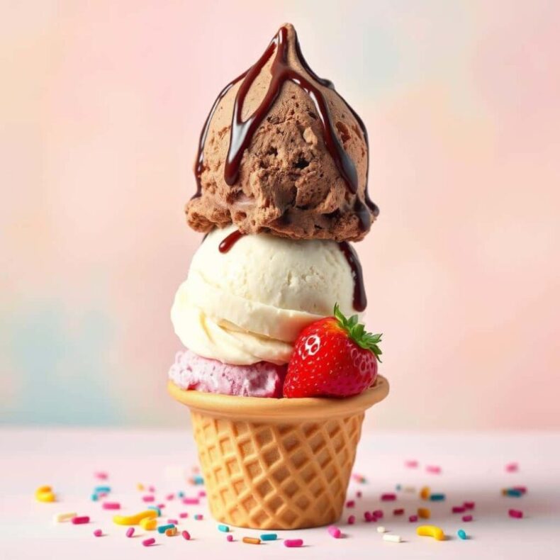 Scoops of chocolate, vanilla, and strawberry ice cream in a bowl." "Classic trio of chocolate, vanilla, and strawberry ice cream served with toppings.