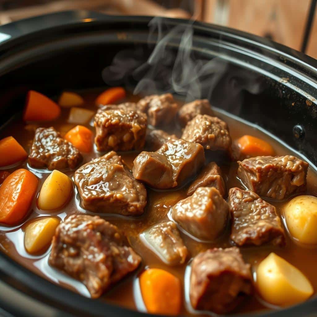 Delicious and tender cube steak in a crock pot with vegetables and gravy, perfect for a comforting, hassle-free meal