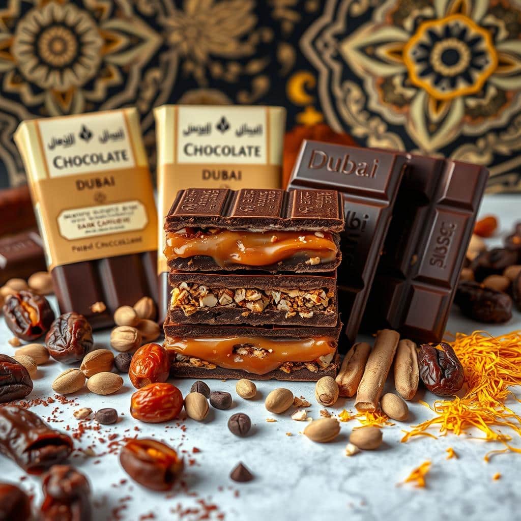 Handcrafted Dubai chocolate bar with premium cocoa, dates, and Middle Eastern spices like cardamom and saffron, served on a rustic plate.