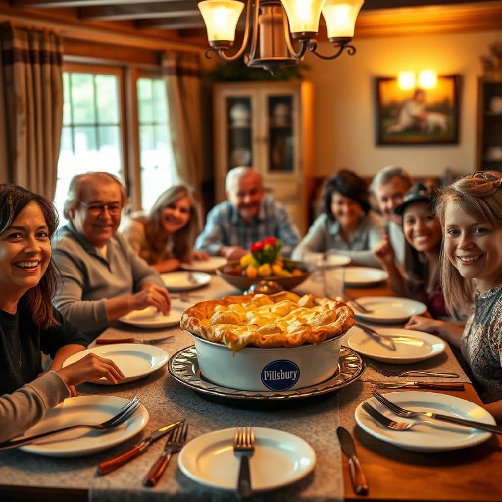 family enjoying Pillsbury chicken pot pie