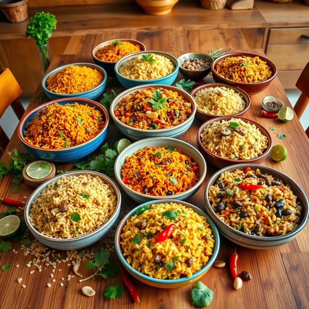 a table full of bowls of rice and vegetables