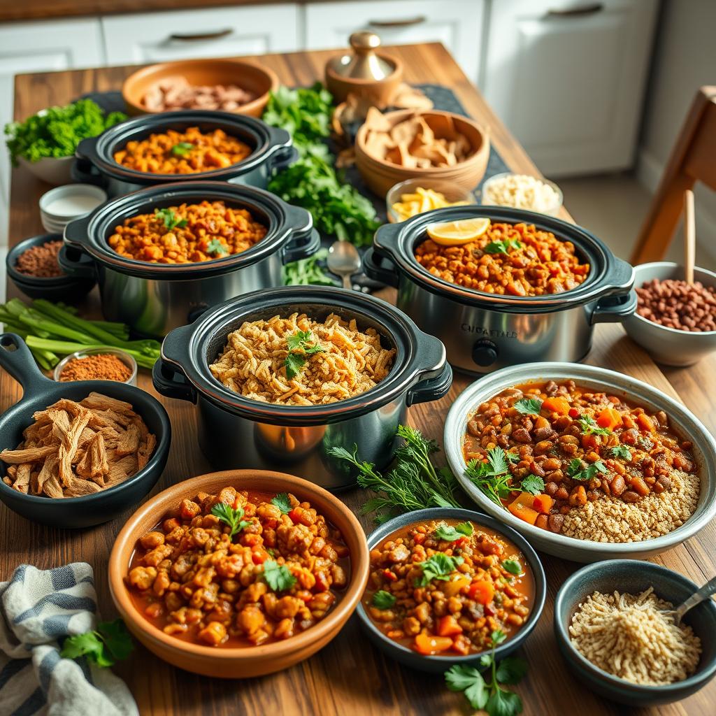 A variety of high-protein crock pot meals, including chicken, beans, and vegetables, served in a slow cooker for easy and healthy dinners