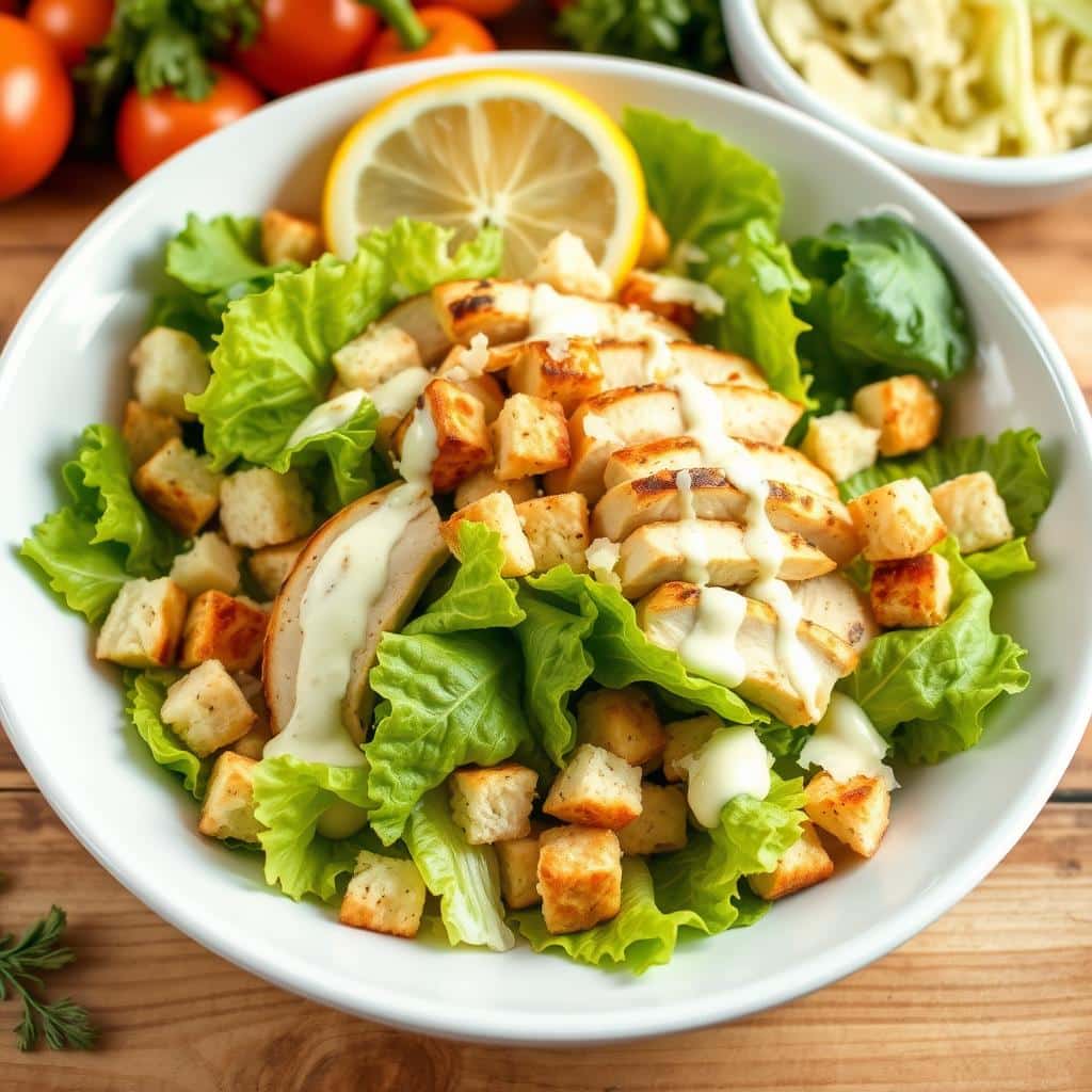 Fresh Chicken Caesar Salad with crisp lettuce, grilled chicken, Parmesan cheese, and Caesar dressing - 5 surprising facts inside