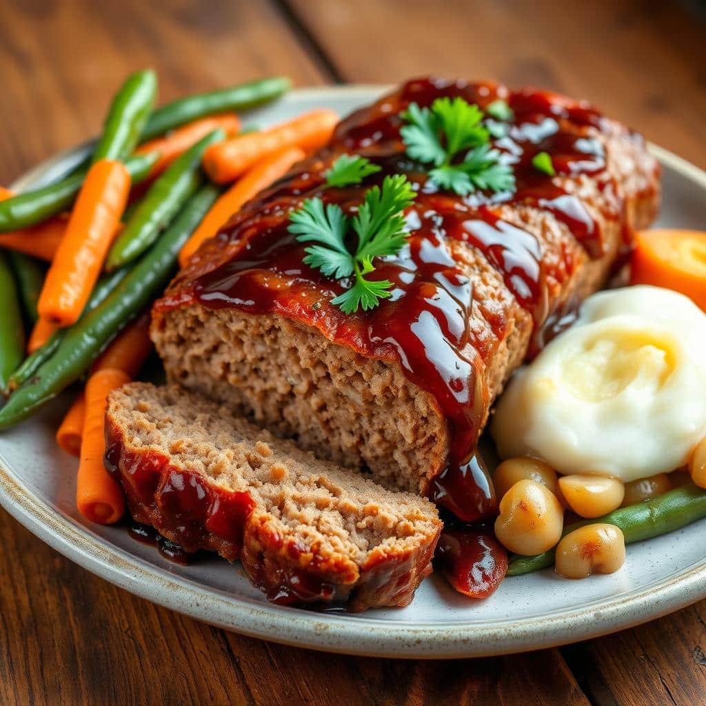 A close-up of a sliced Lipton Onion Soup Meatloaf served on a platter, garnished with fresh parsley, showcasing its juicy and flavorful texture.