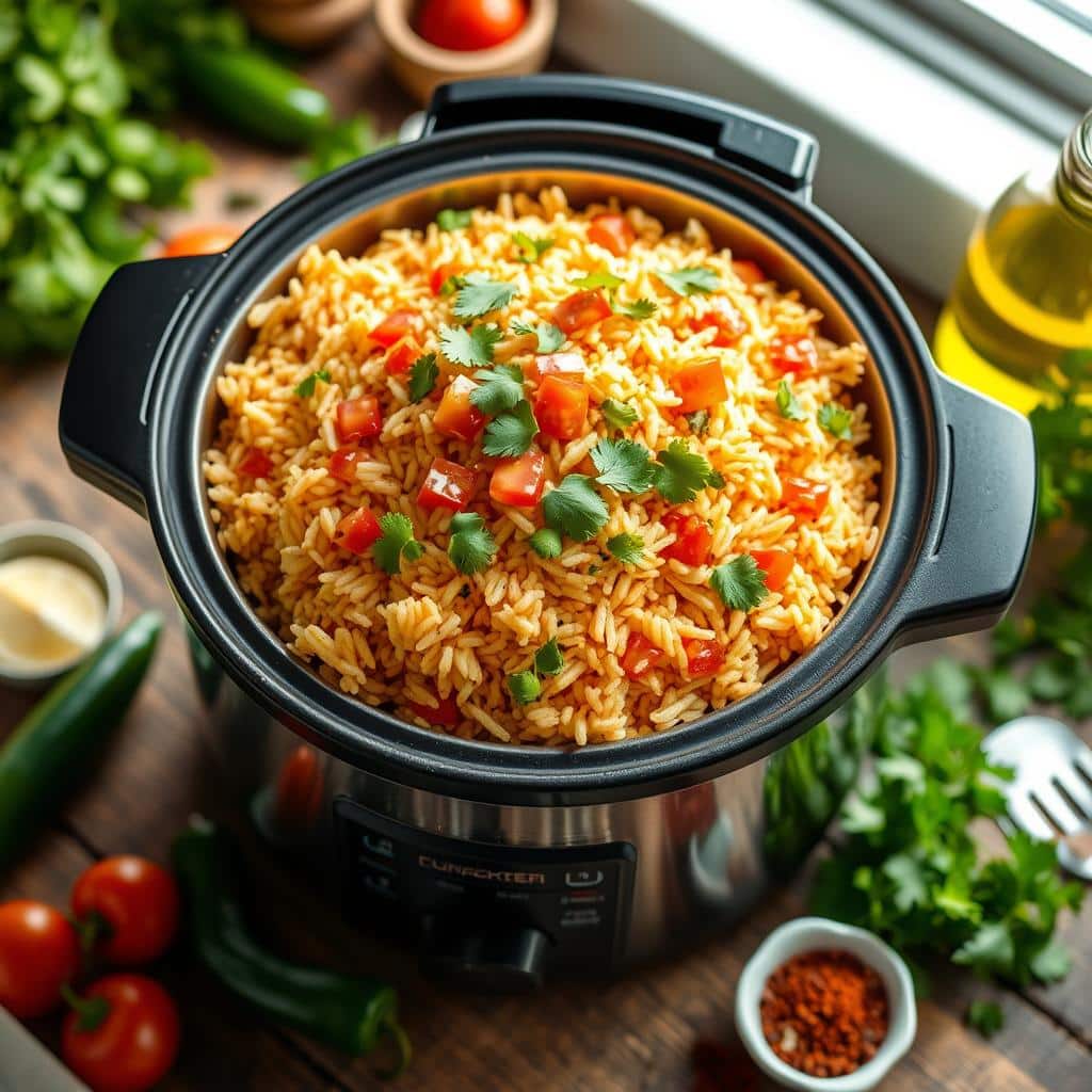 "Mexican rice cooked in a rice cooker with authentic flavors and spices"