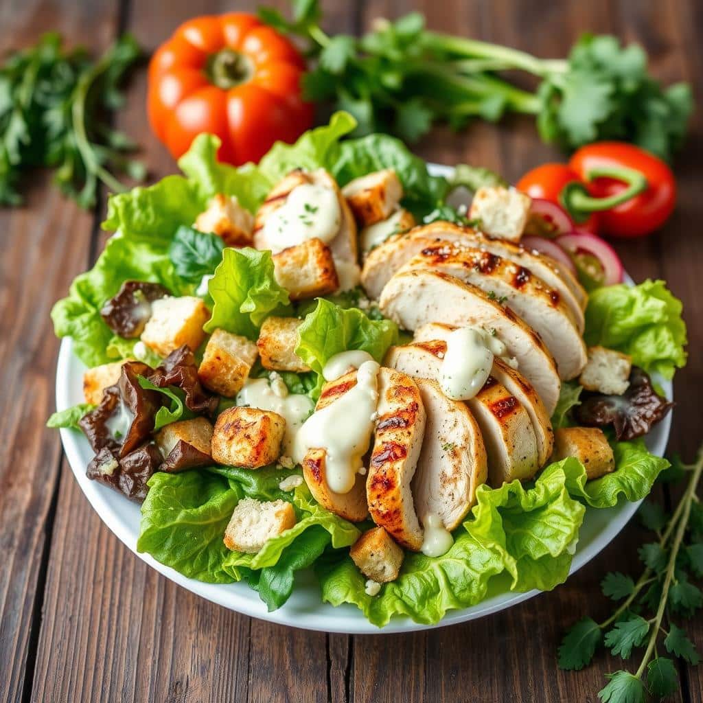 Fresh chicken Caesar salad featuring grilled chicken, crisp lettuce, Parmesan, and creamy dressing - 5 nutrition facts and health benefits