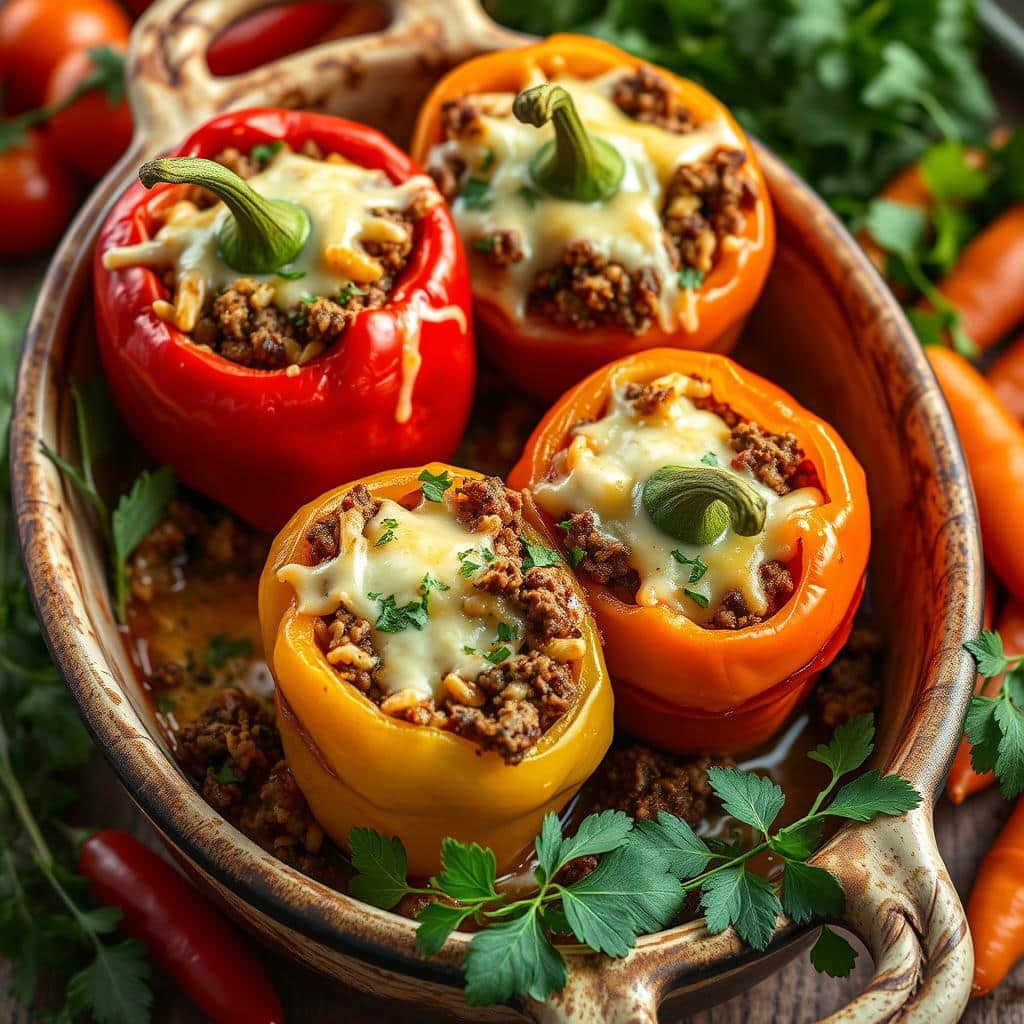 A vibrant platter of perfectly cooked old-fashioned stuffed bell peppers filled with a savory meat and rice mixture, garnished with fresh parsley