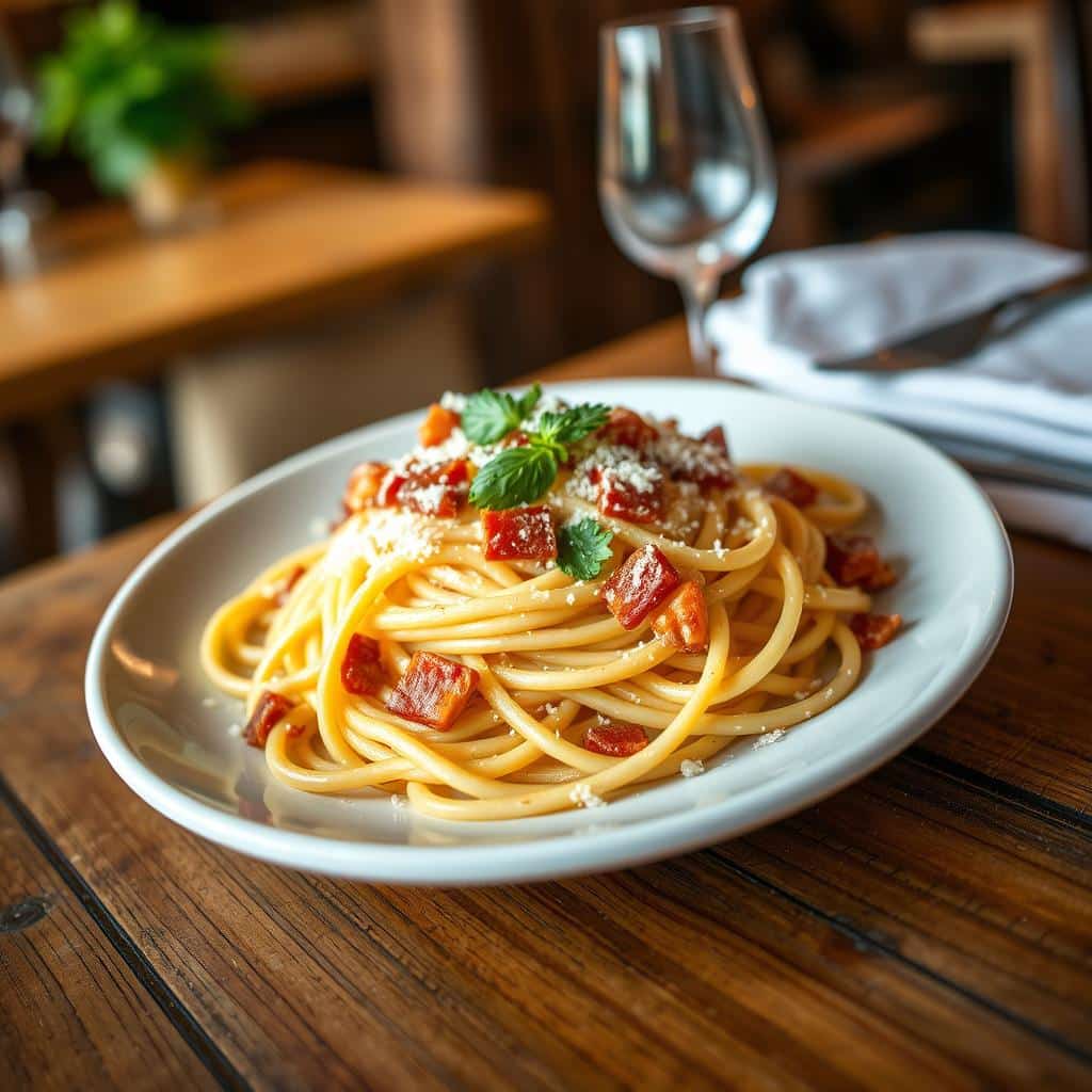 Olive Garden spaghetti carbonara recipe with creamy sauce, bacon, and Parmesan cheese, served with expert cooking tips