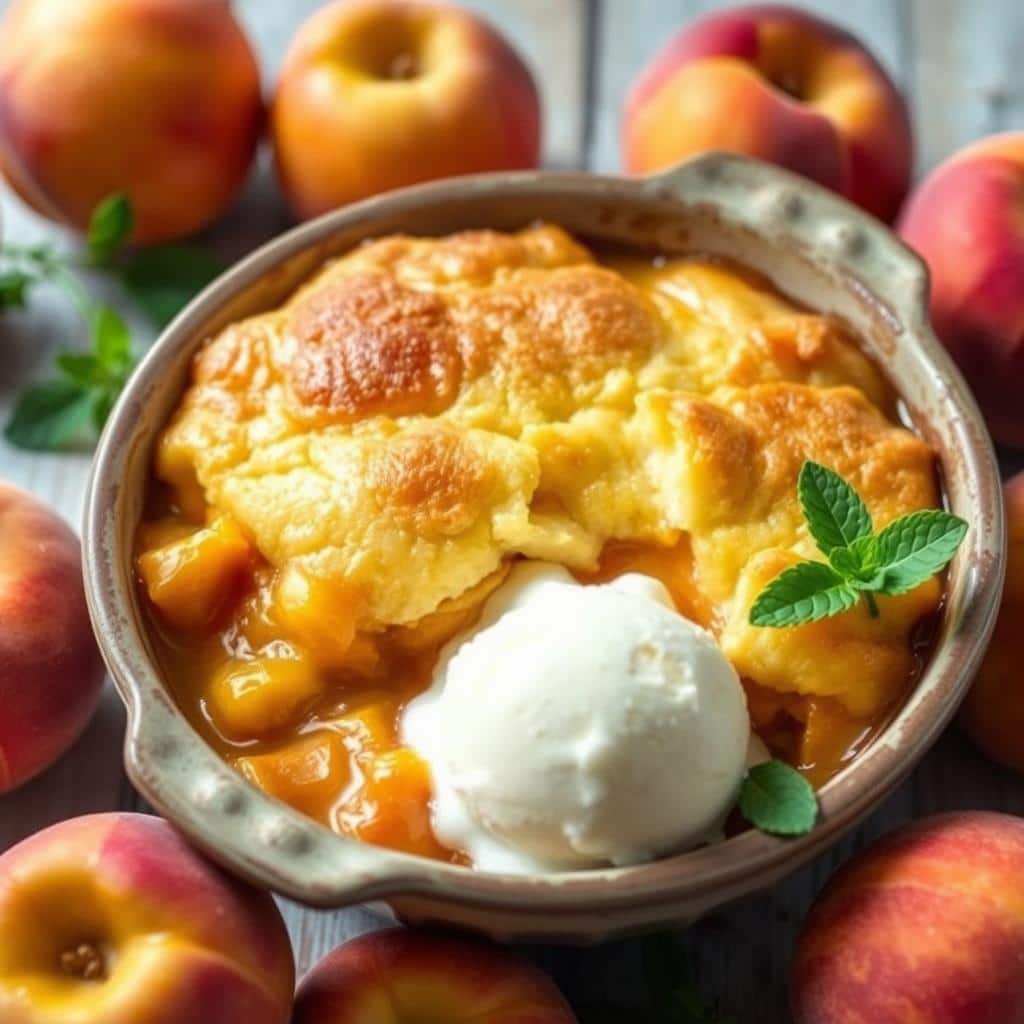 Easy peach cobbler made with cake mix, fresh peaches, and a golden crust, served warm with a scoop of vanilla ice cream