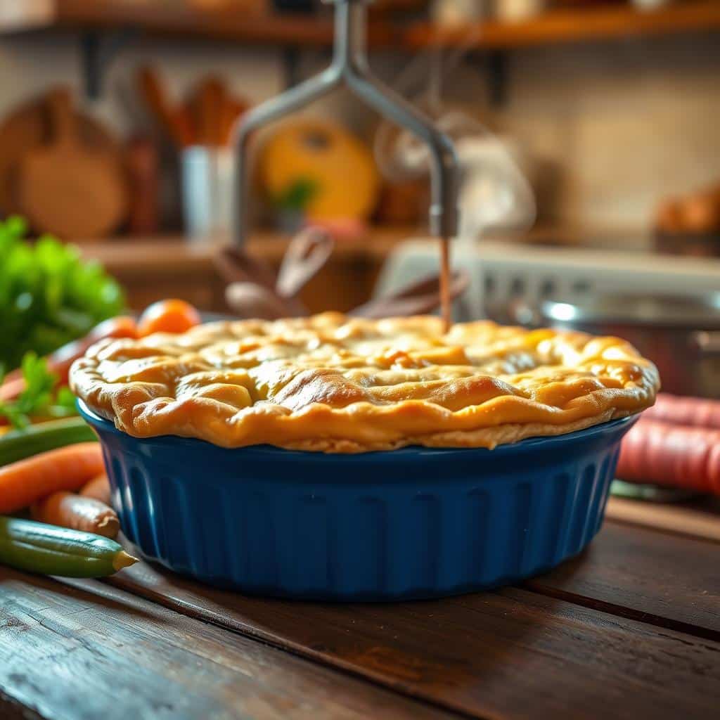 Golden Pillsbury chicken pot pie with flaky crust and savory filling, served in a baking dish, perfect for a comforting family dinner