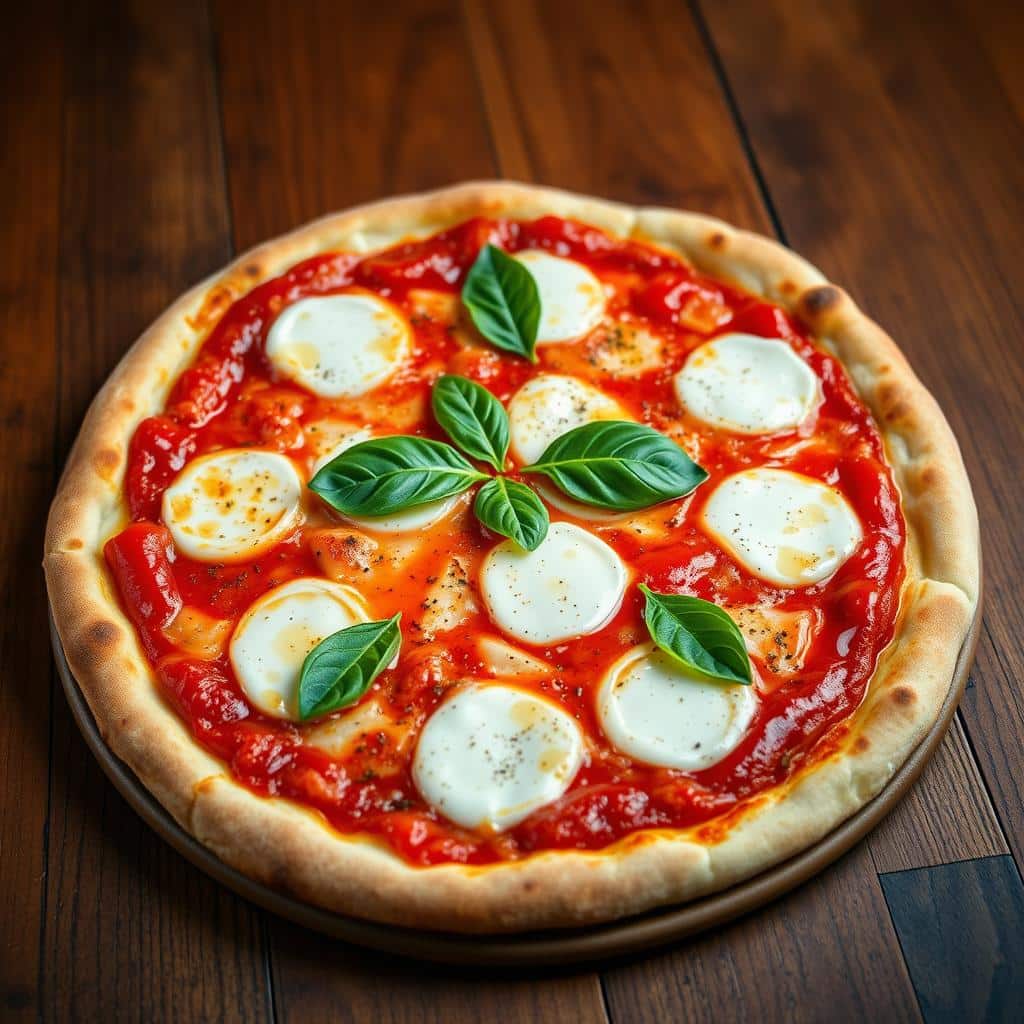 Freshly baked Pizza NY Margherita with a thin crispy crust, San Marzano tomatoes, creamy mozzarella, and fresh basil