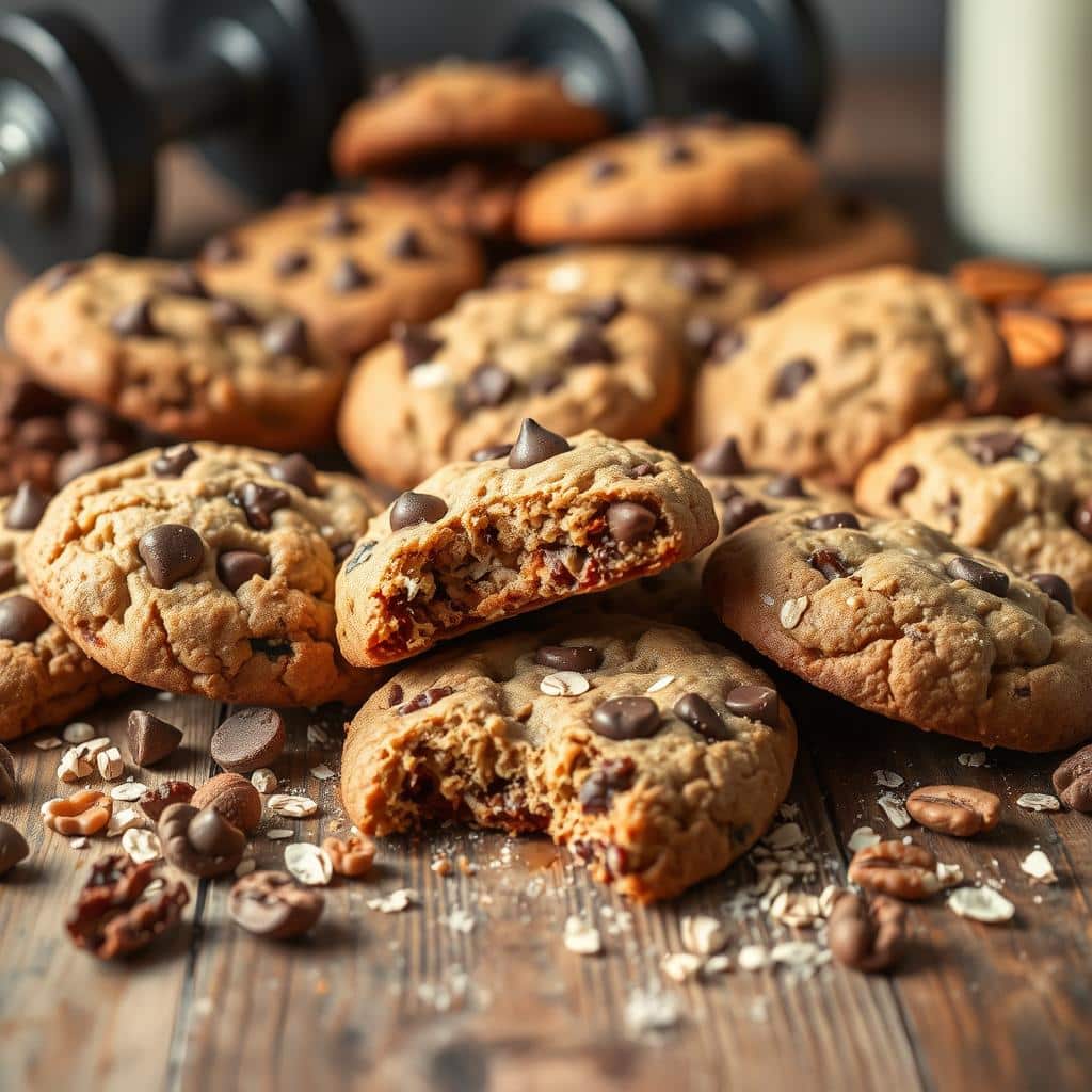 "Assorted high-protein cookies made with oats, nuts, and chocolate chips, displayed on a rustic wooden tray for healthy snacking."