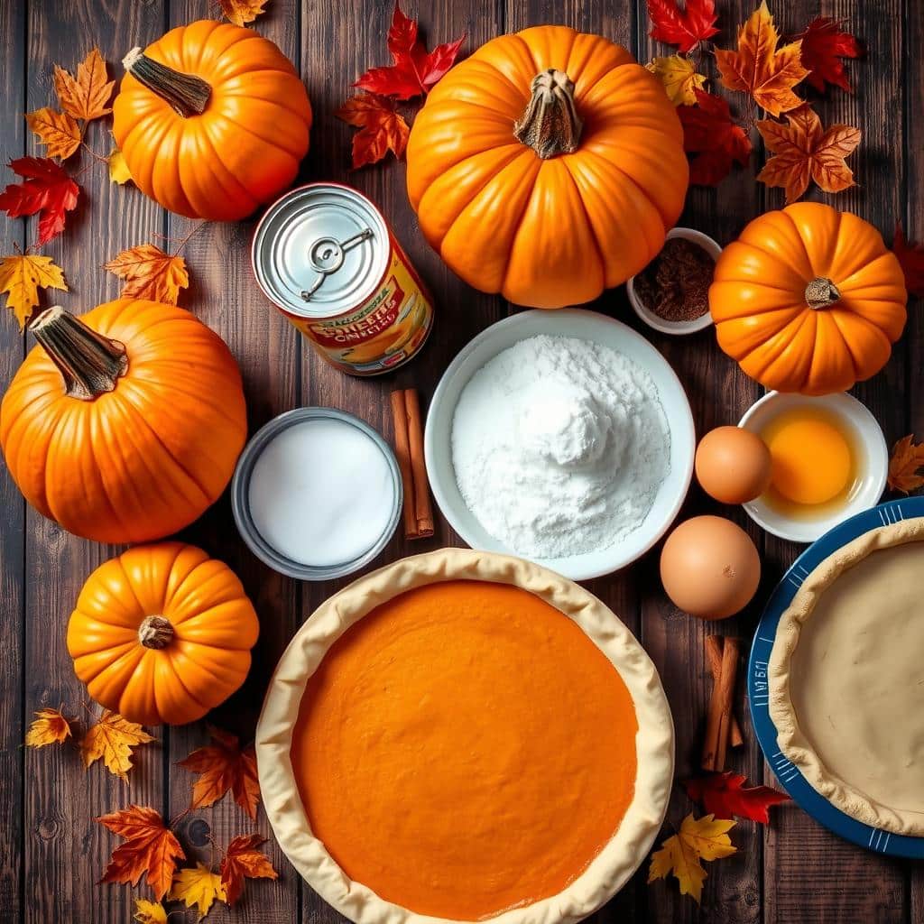 "Easy pumpkin pie made with condensed milk, featuring a creamy filling and golden flaky crust, served on a rustic wooden table."