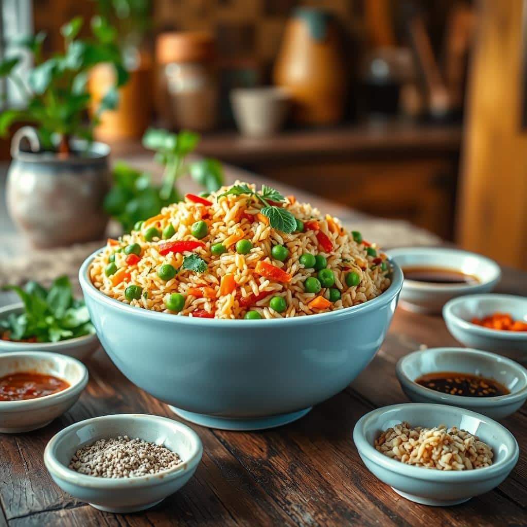 Nutritious rice-based vegetarian dish with vibrant vegetables and herbs served in a white bowl