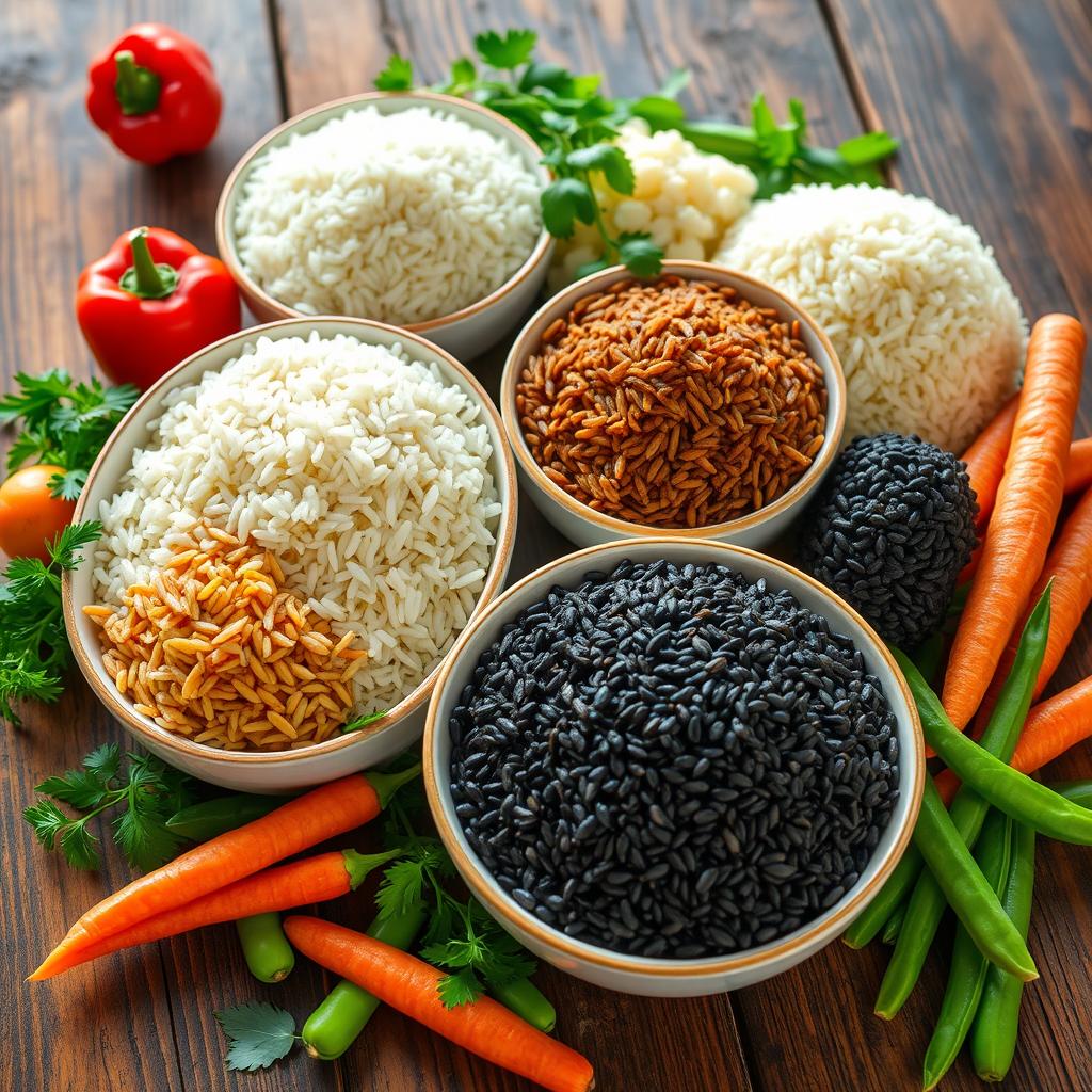 bowls of rice and vegetables on a table