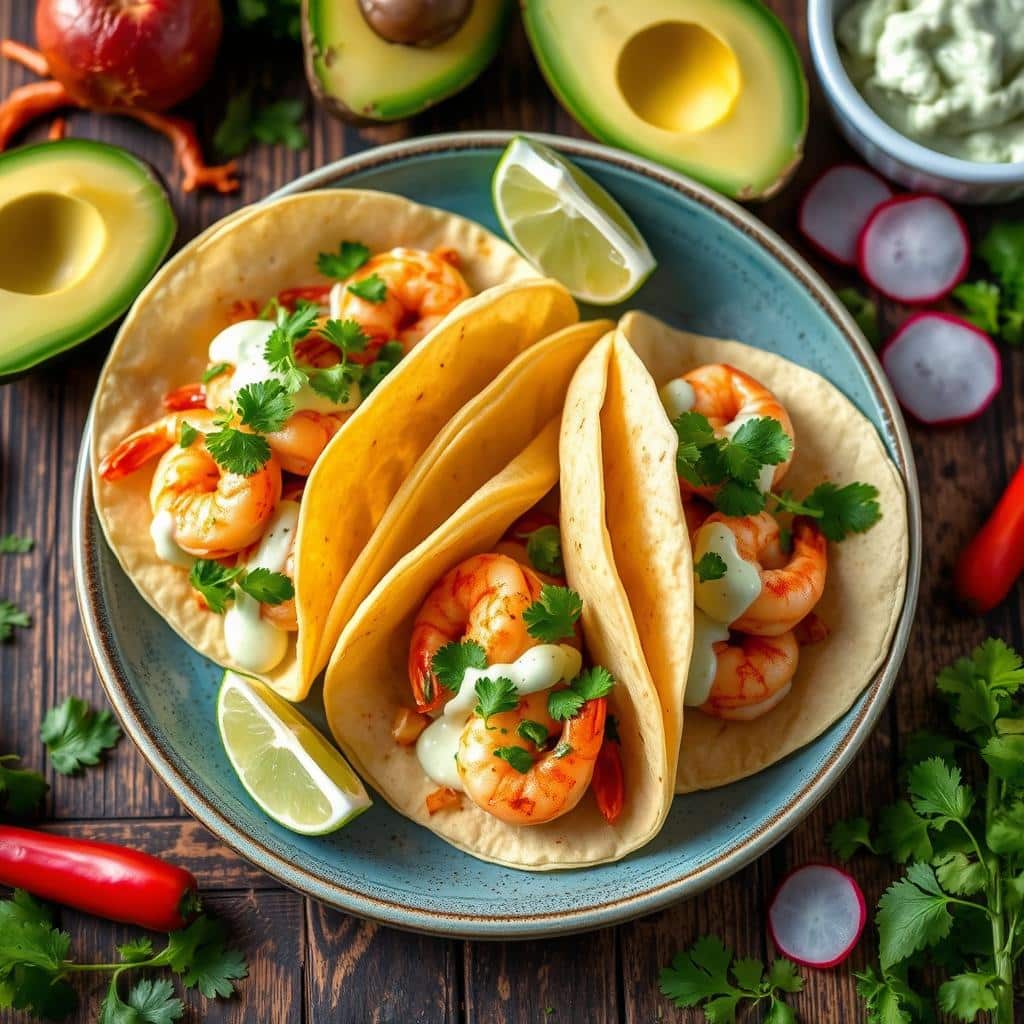 shrimp tacos with cilantro lime crema