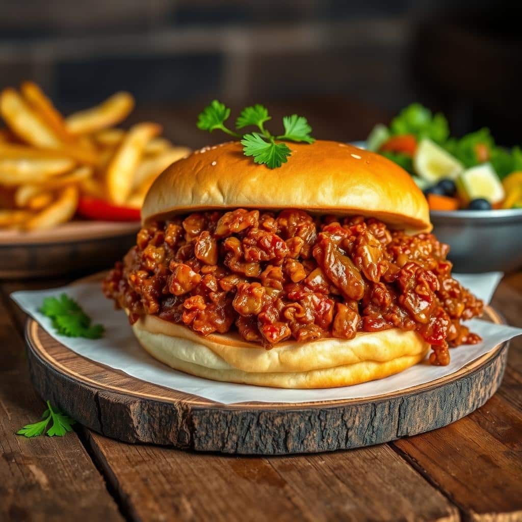 Three sloppy joe sandwiches on a plate served with French fries and coleslaw.