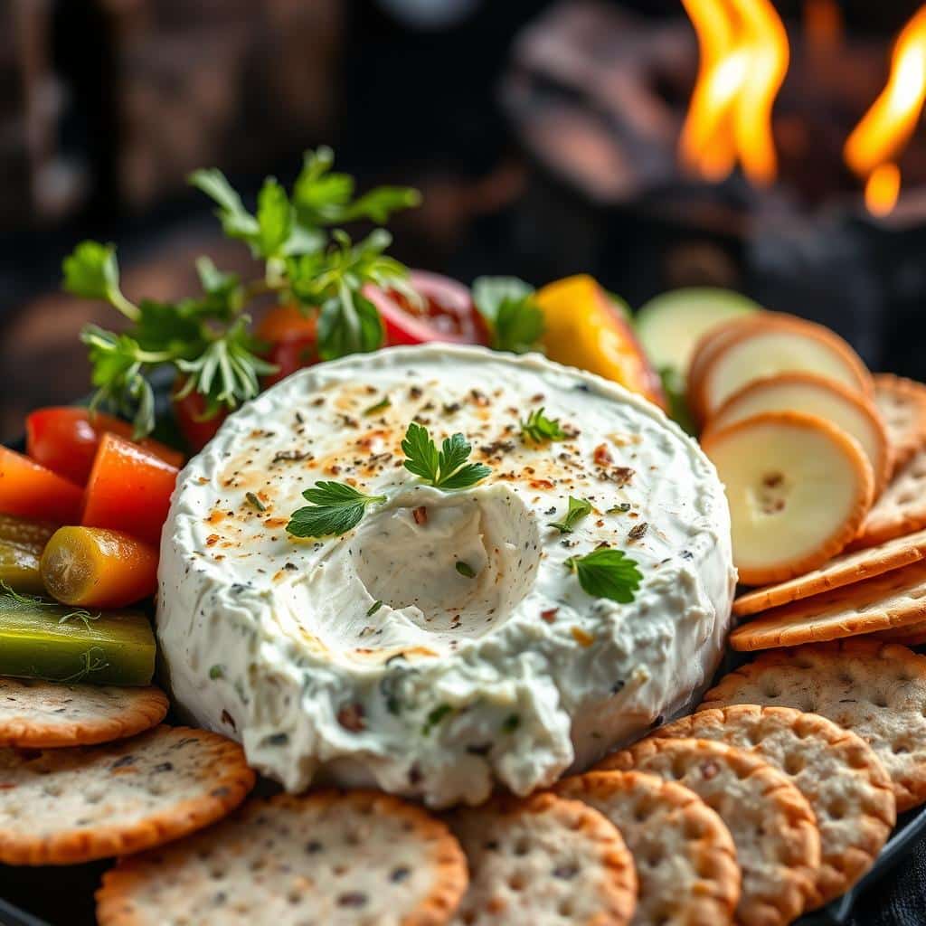 A perfectly smoked cream cheese block on a wooden platter, garnished with fresh herbs, ready to serve as a delicious appetizer or dip