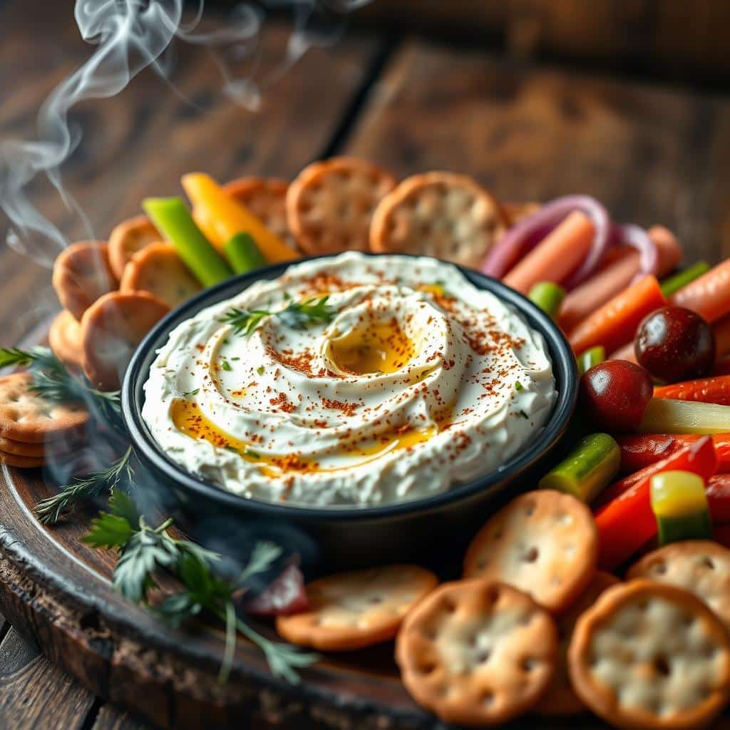 Smoked cream cheese scored with a crosshatch pattern, seasoned with herbs and spices, and served on a wooden board with crackers.