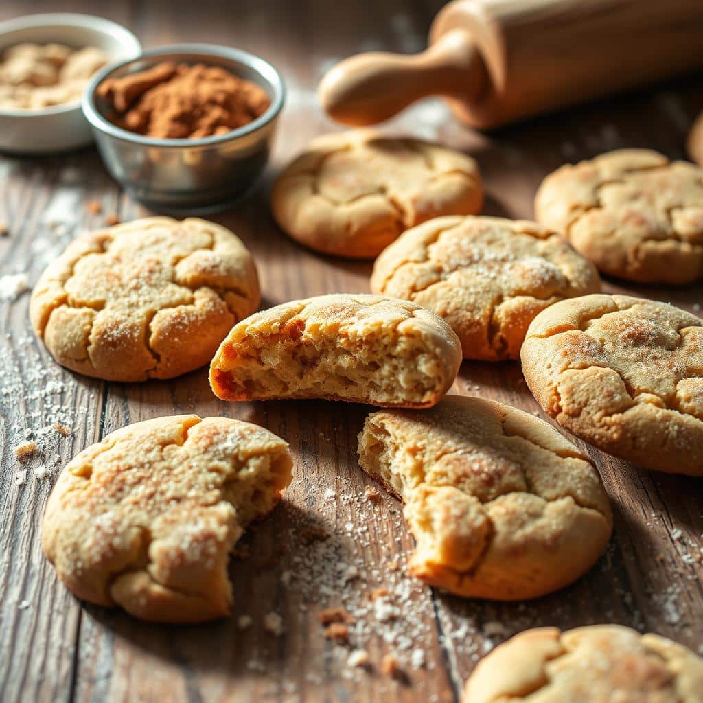 Soft and chewy snickerdoodle cookies made without cream of tartar, rolled in cinnamon sugar, displayed on a white plate with a rustic kitchen background.