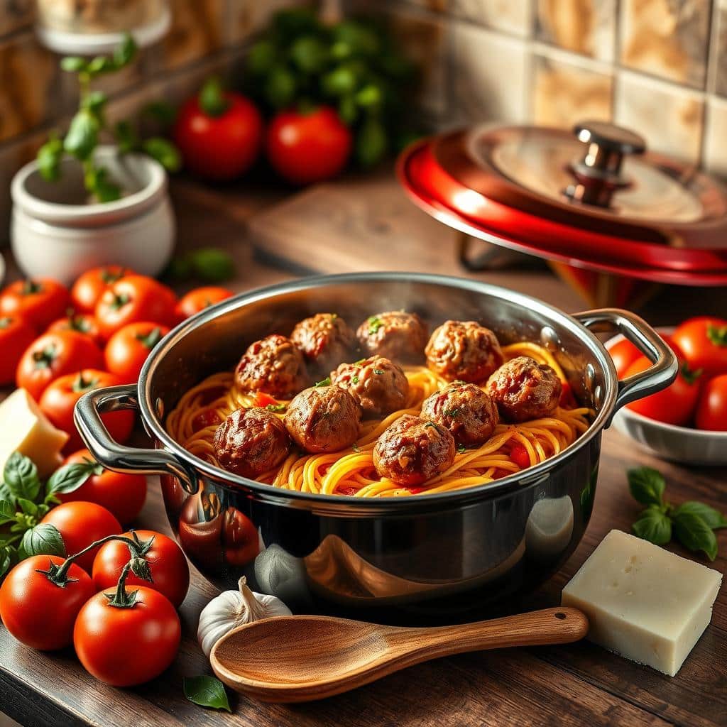 Delicious spaghetti and meatballs cooked in a Dutch oven, a flavorful and easy one-pot meal perfect for family dinners