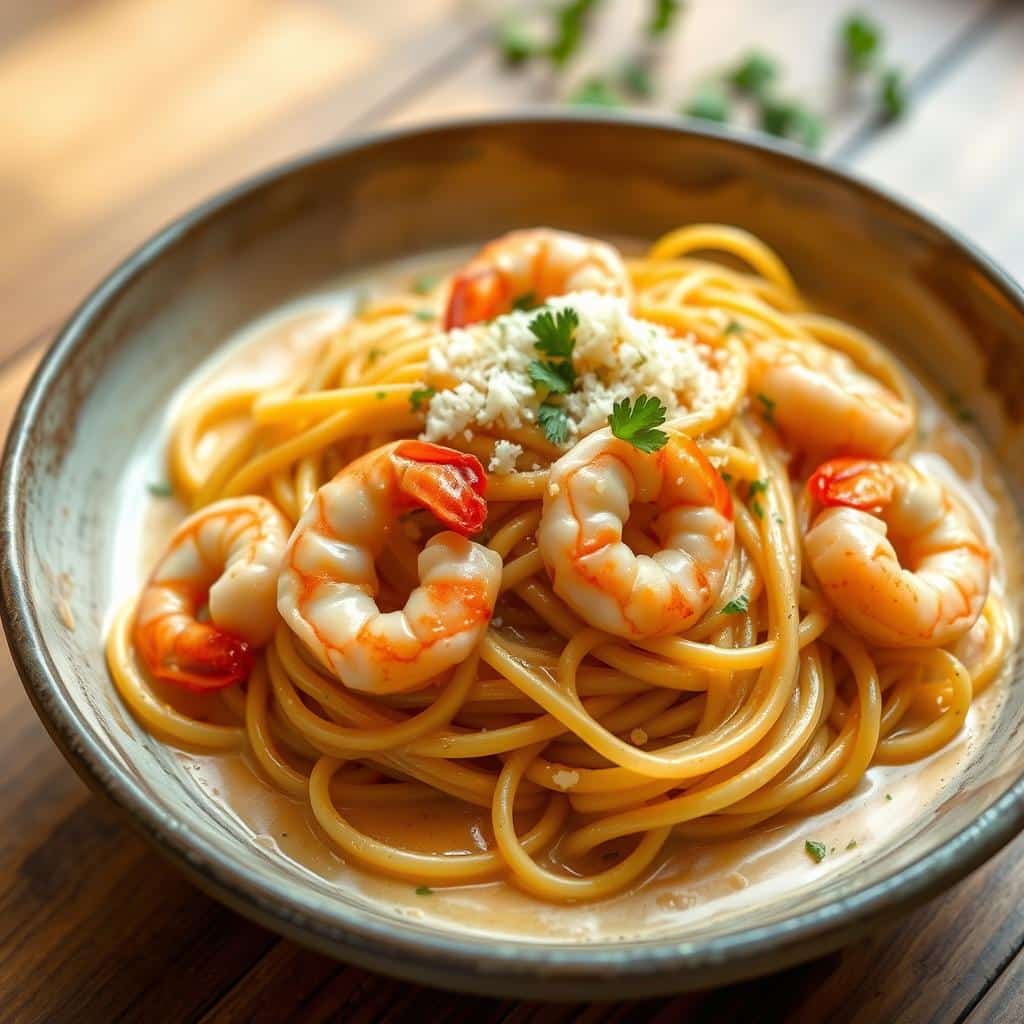 spaghetti carbonara with shrimp