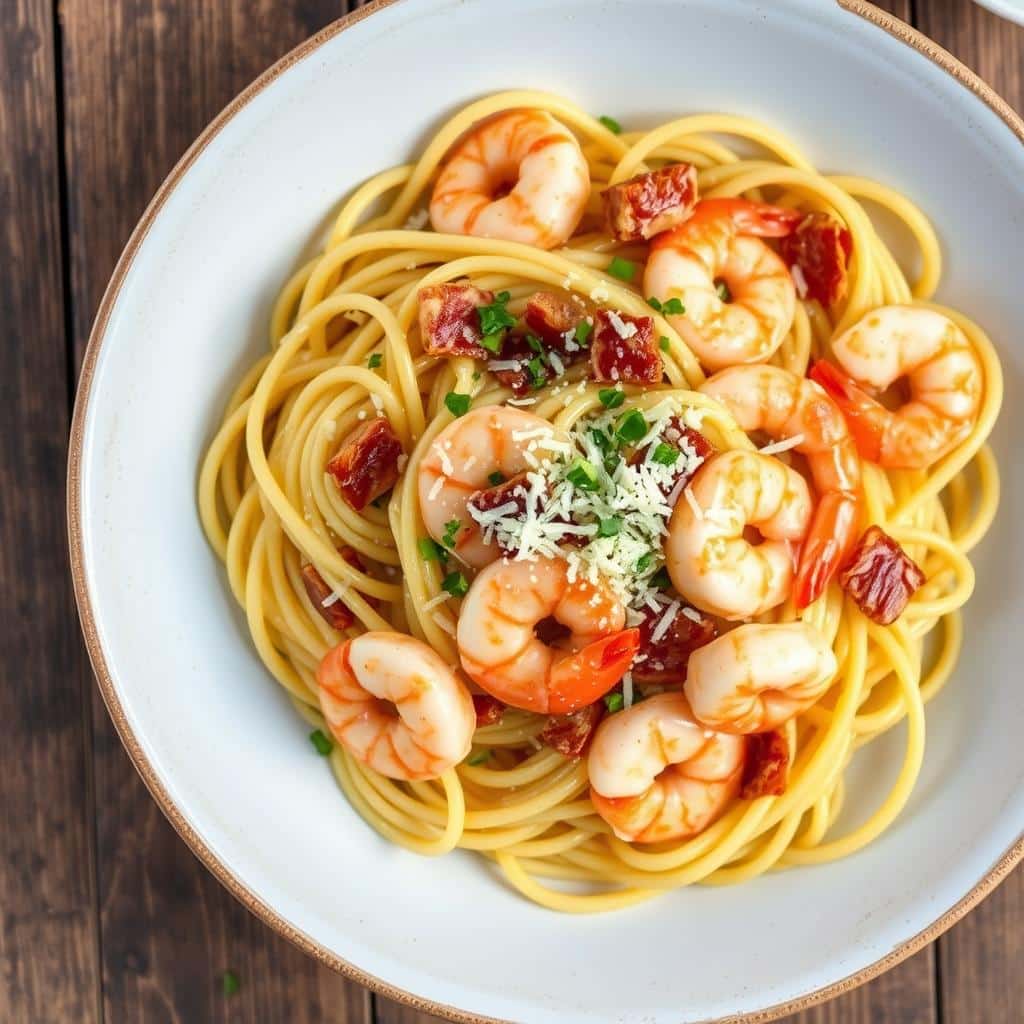 5 steps to make the perfect spaghetti carbonara with shrimp, featuring creamy sauce, tender pasta, and succulent shrimp