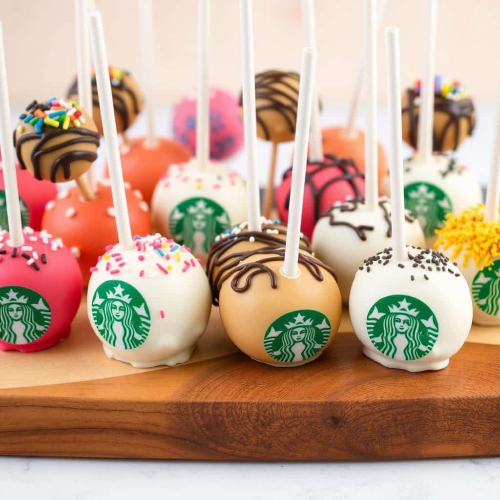 Starbucks-inspired cake pops with a glossy candy shell, displayed on a white plate, perfect for recreating at home.