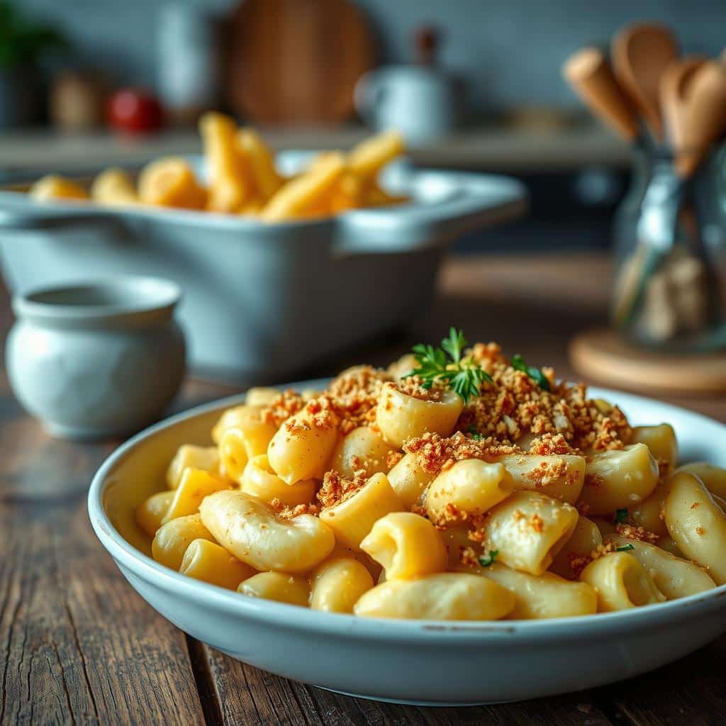 Bite-sized Tini Mac and Cheese cups with a golden, crispy topping, served on a white plate, perfect for pasta lovers and party appetizers