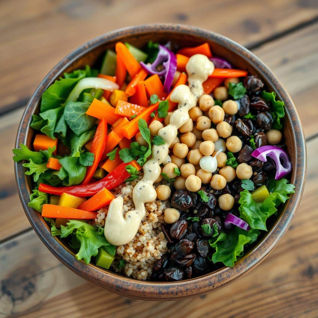 vegetarian buddha bowl with tahini dressing