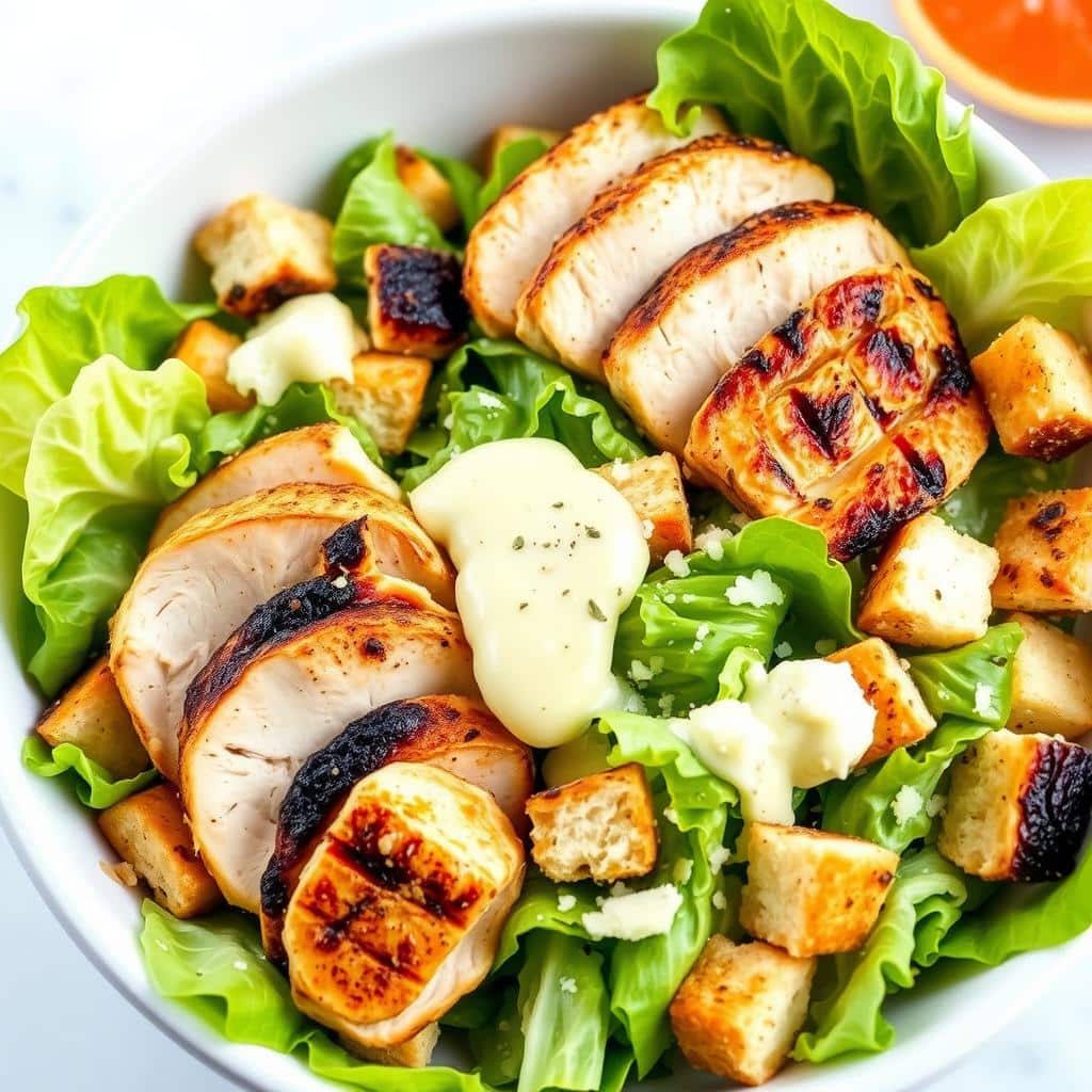 Delicious 5-Minute Remos Chicken Caesar Salad Recipe with fresh lettuce, grilled chicken, and creamy dressing